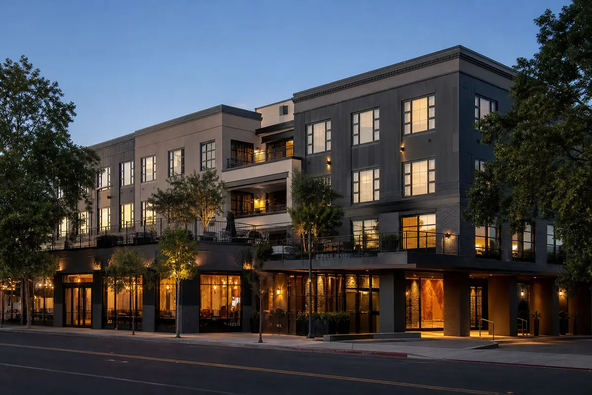 Photoreal travel-editorial view of Archer Hotel Napa in Napa Valley, California