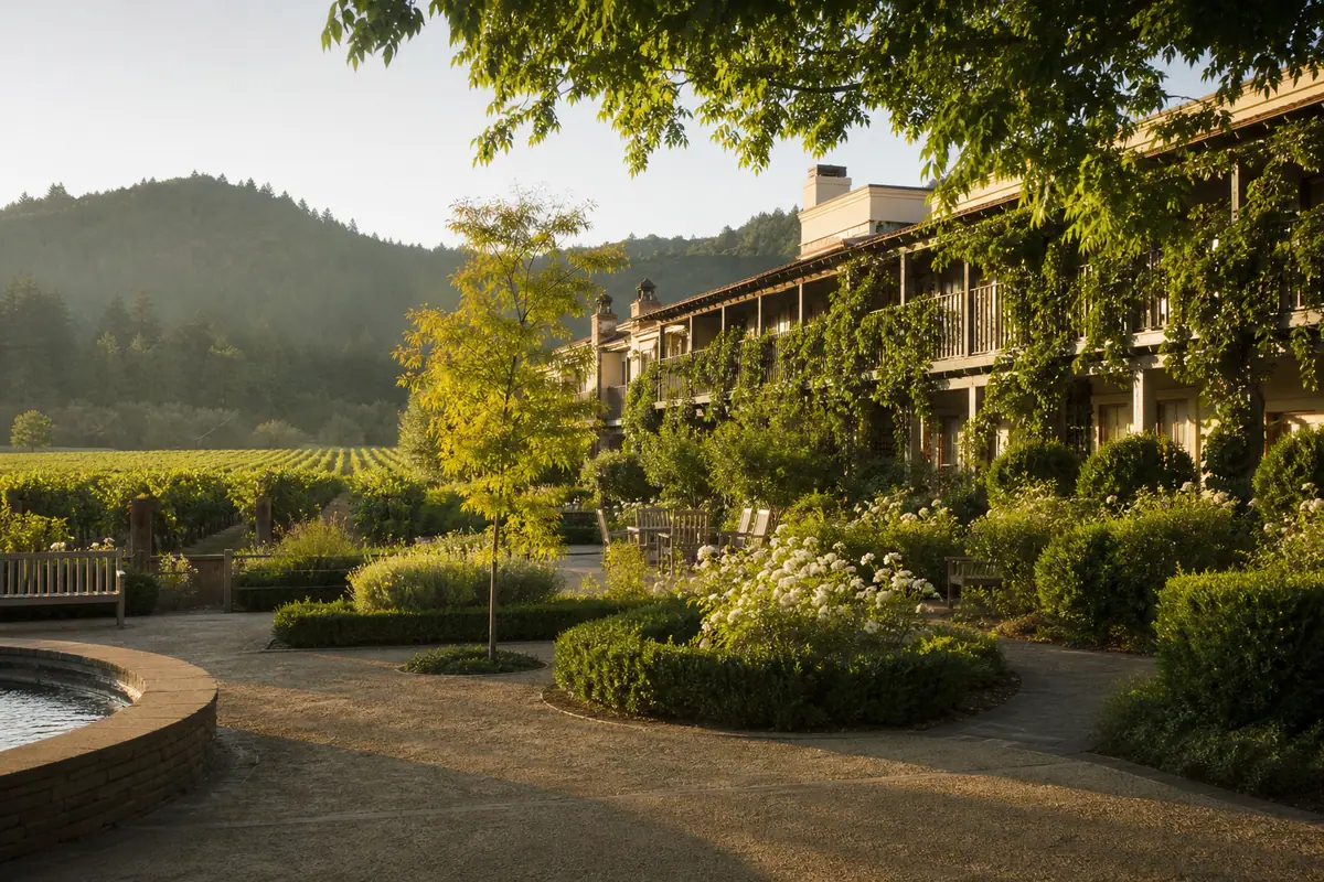 Photoreal travel-editorial view of Harvest Inn in Napa Valley, California
