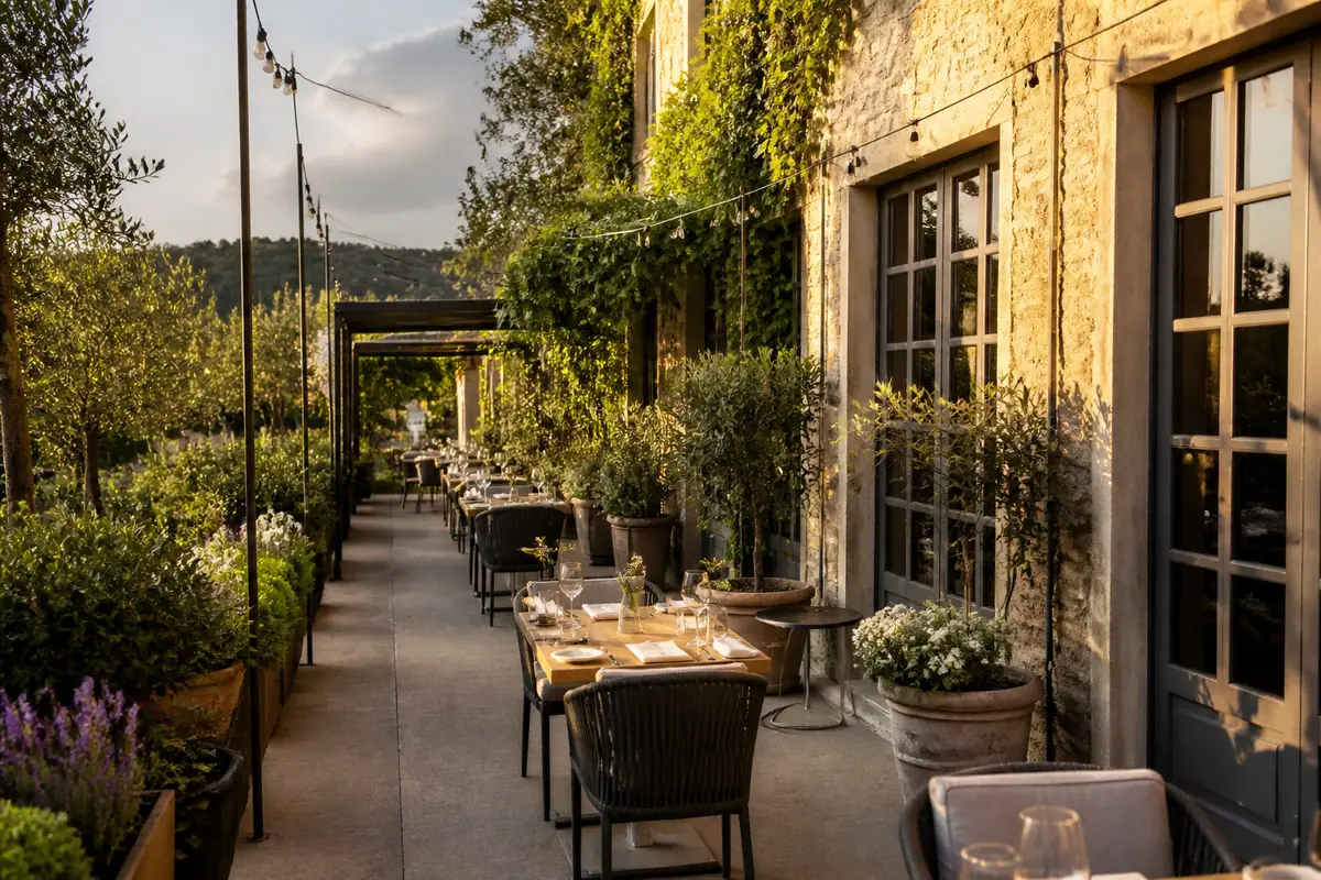Photoreal travel-editorial view of Angèle Restaurant and Bar in Napa Valley, California