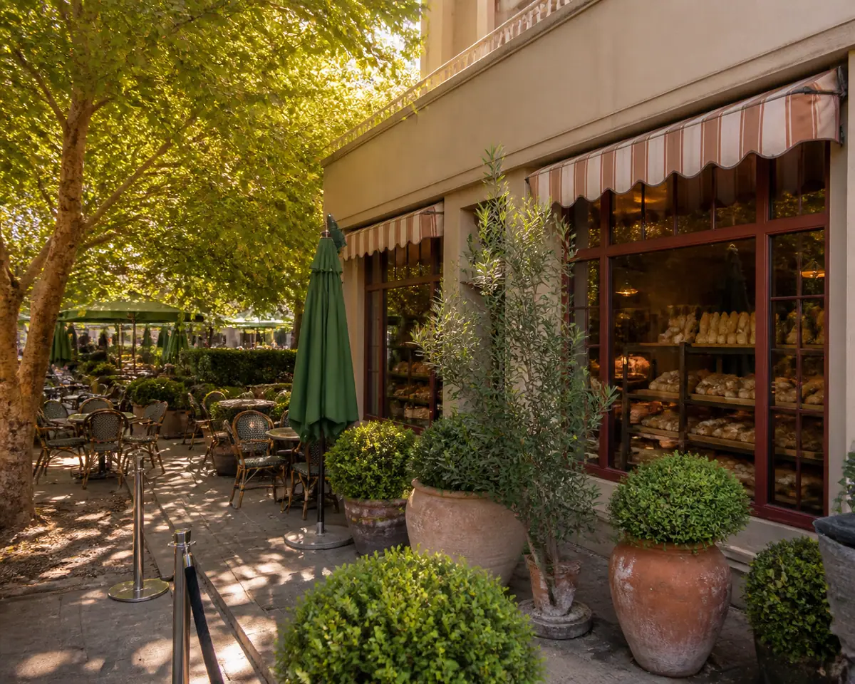 Photoreal travel-editorial view of Bouchon Bakery in Napa Valley, California