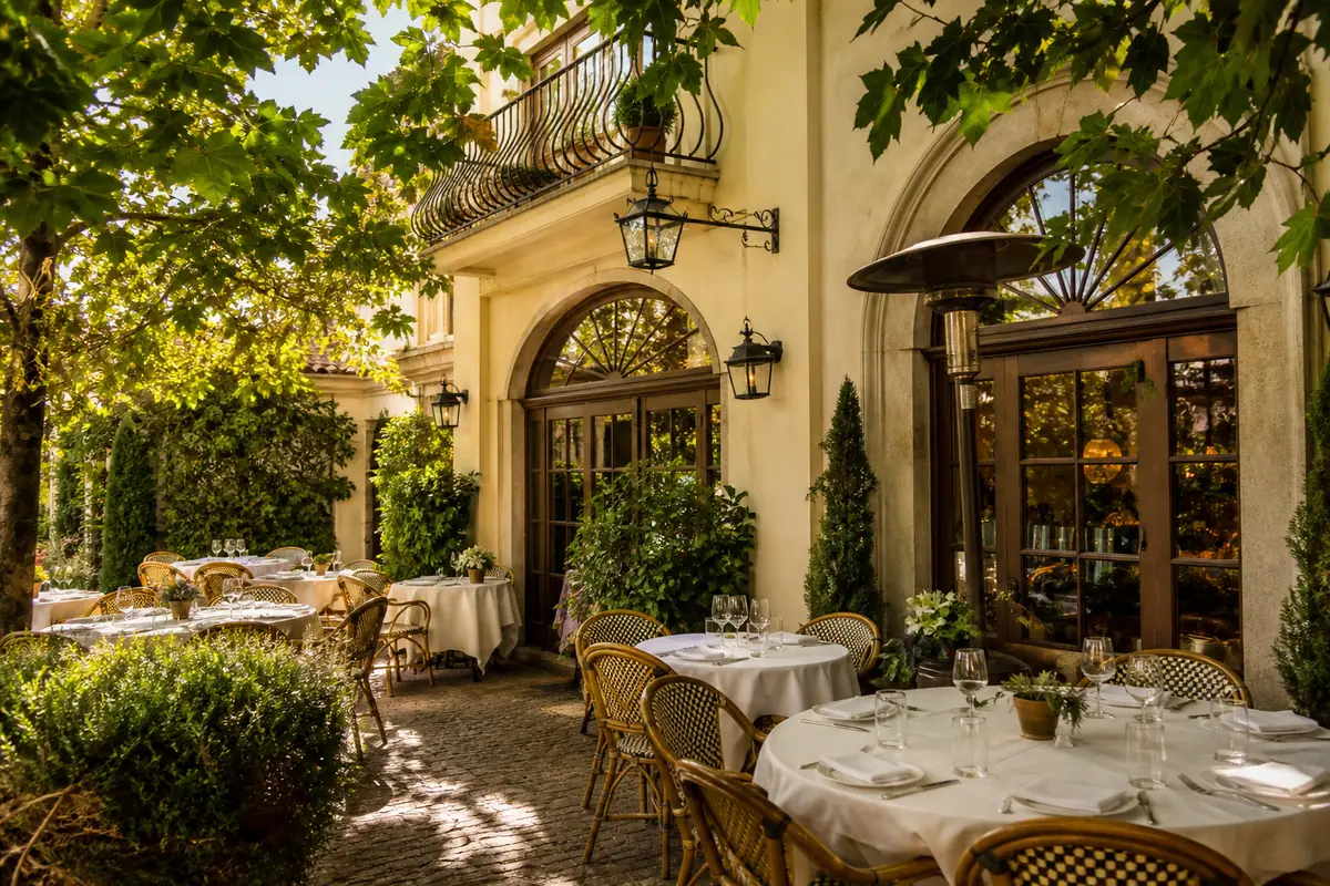 Photoreal travel-editorial view of Bouchon Bistro in Napa Valley, California