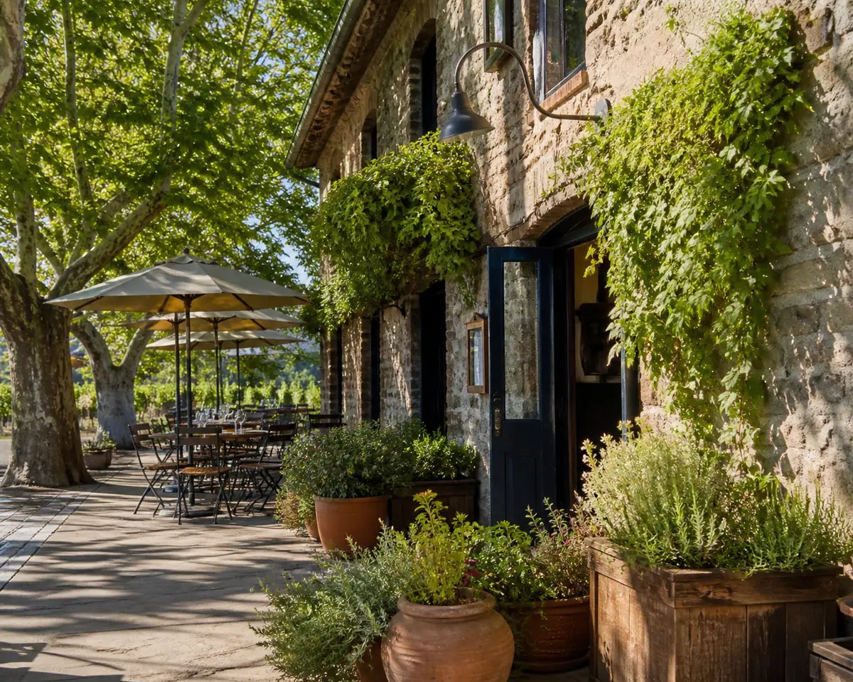 Photoreal travel-editorial view of Oakville Grocery in Napa Valley, California