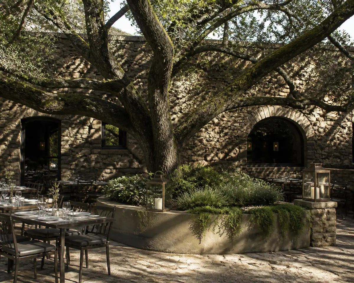 Photoreal travel-editorial view of The Charter Oak in Napa Valley, California