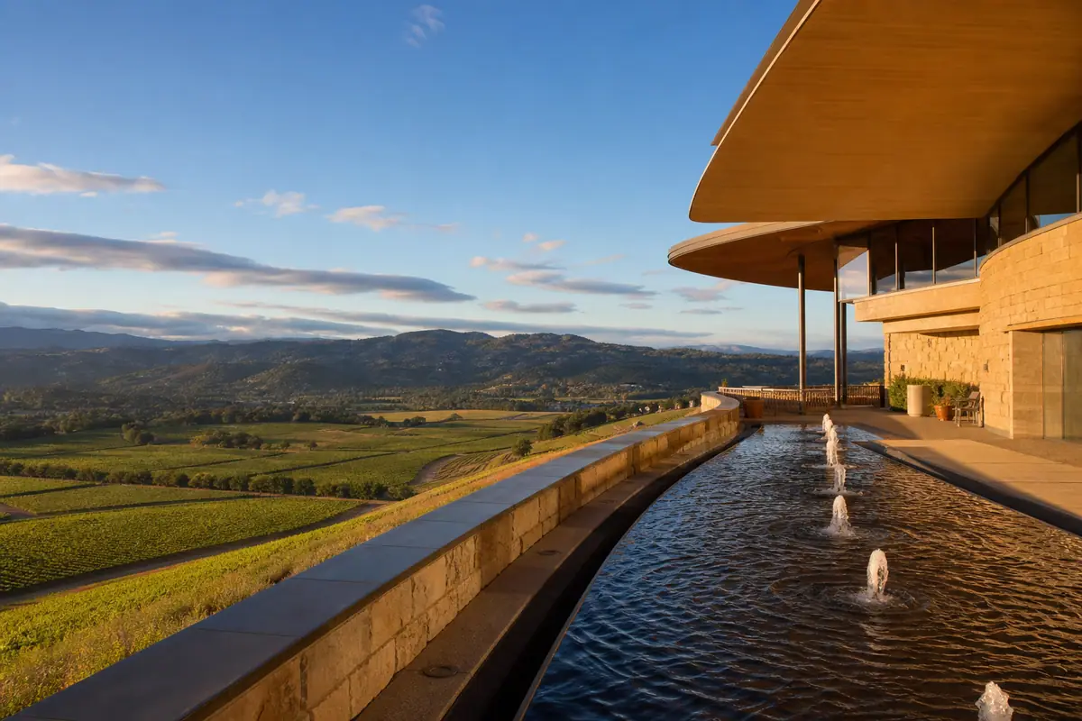Photoreal travel-editorial view of Artesa Vineyards and Winery in Napa Valley, California