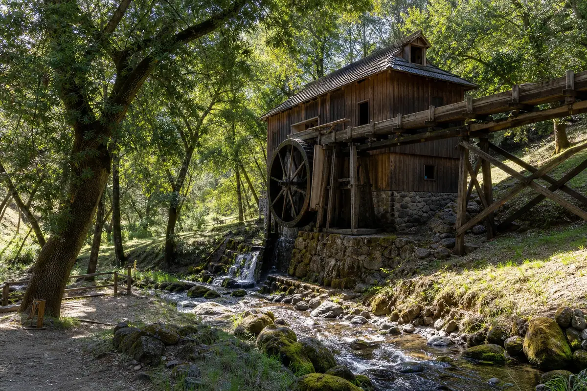 Photoreal travel-editorial view of Bale Grist Mill State Historic Park in Napa Valley, California