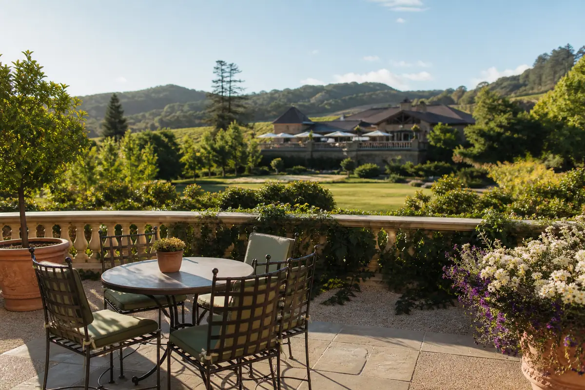 Photoreal travel-editorial view of Bouchard Père & Fils at Domaine Chandon in Napa Valley, California