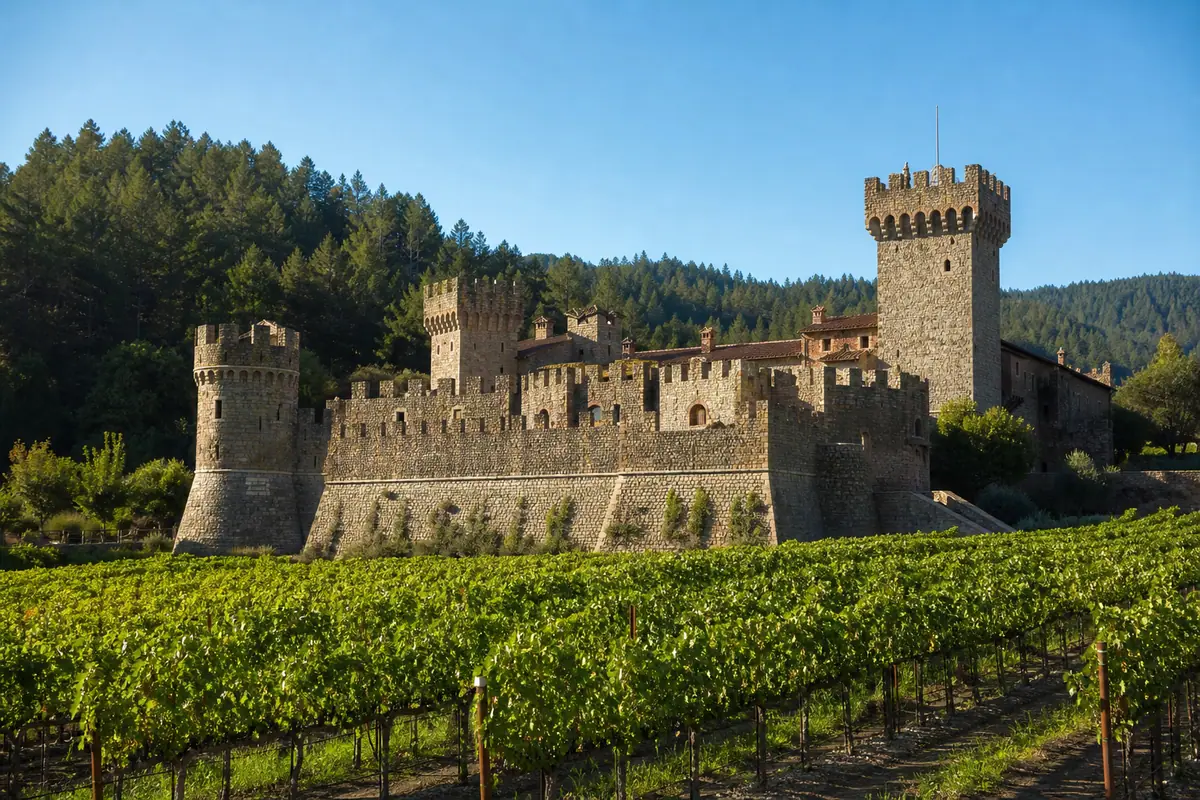 Photoreal travel-editorial view of Castello di Amorosa in Napa Valley, California
