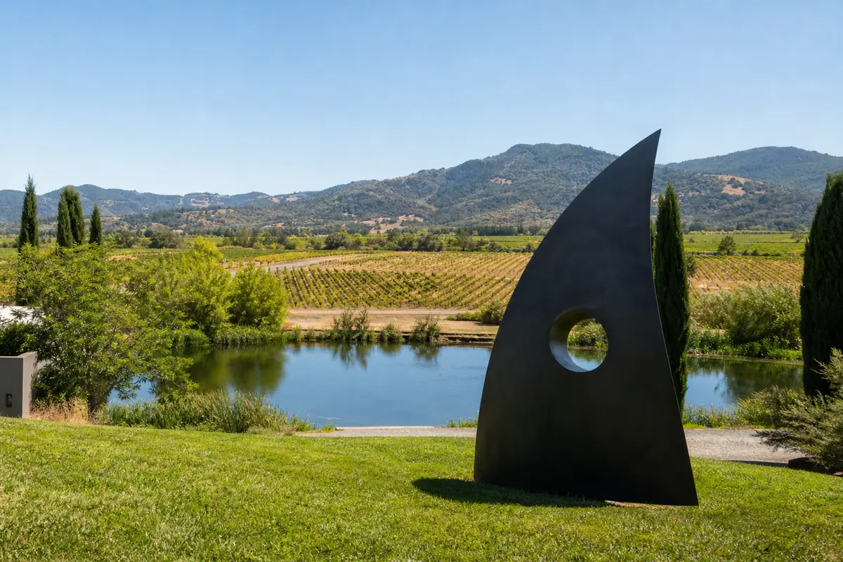 Photoreal travel-editorial view of di Rosa Center for Contemporary Art in Napa Valley, California
