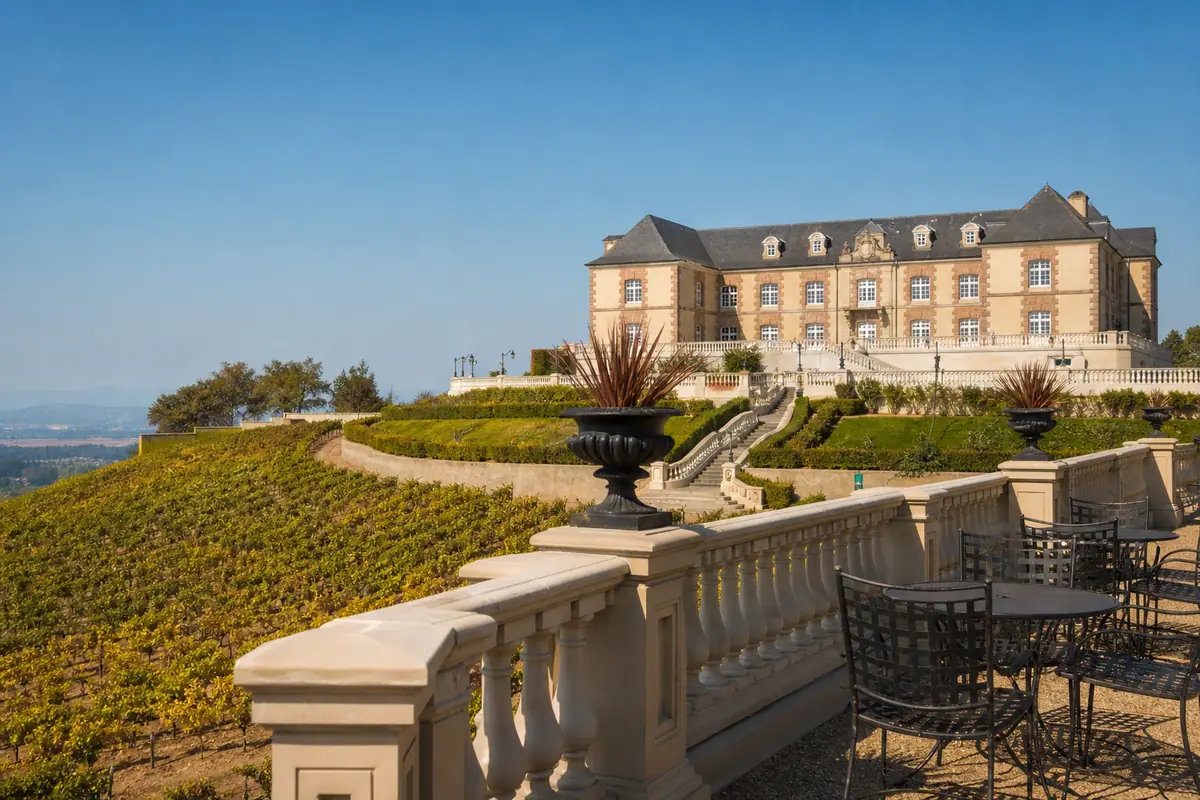 Photoreal travel-editorial view of Domaine Carneros in Napa Valley, California