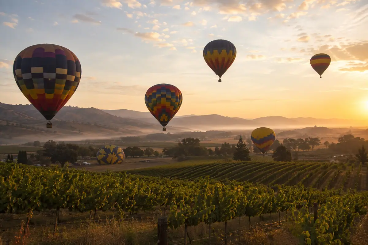 Photoreal hot-air balloons floating over Napa Valley vineyards at sunrise