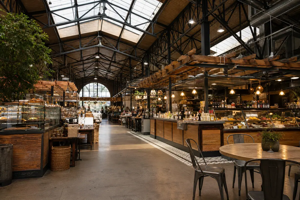 Photoreal travel-editorial view of Oxbow Public Market in Napa Valley, California