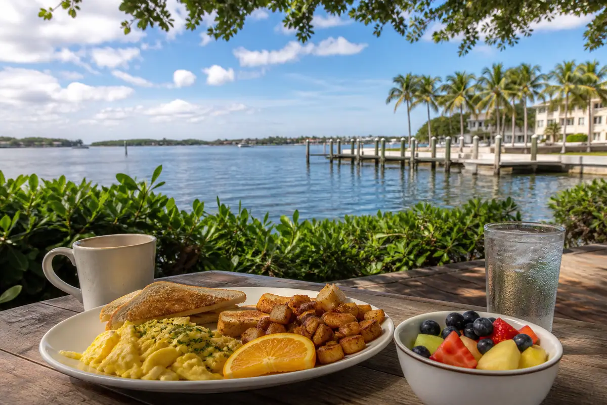 Photoreal travel-editorial view of EJ’s Bayfront Cafe in Naples, Florida