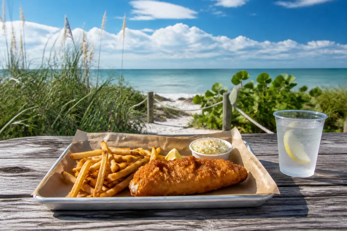 Photoreal travel-editorial view of Grouper & Chips in Naples, Florida