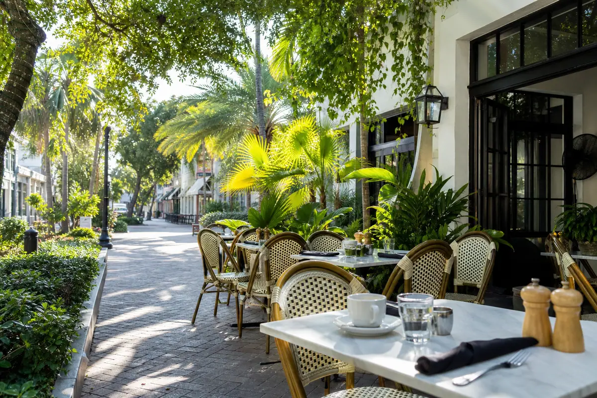 Photoreal travel-editorial view of Jane’s Cafe on 3rd in Naples, Florida