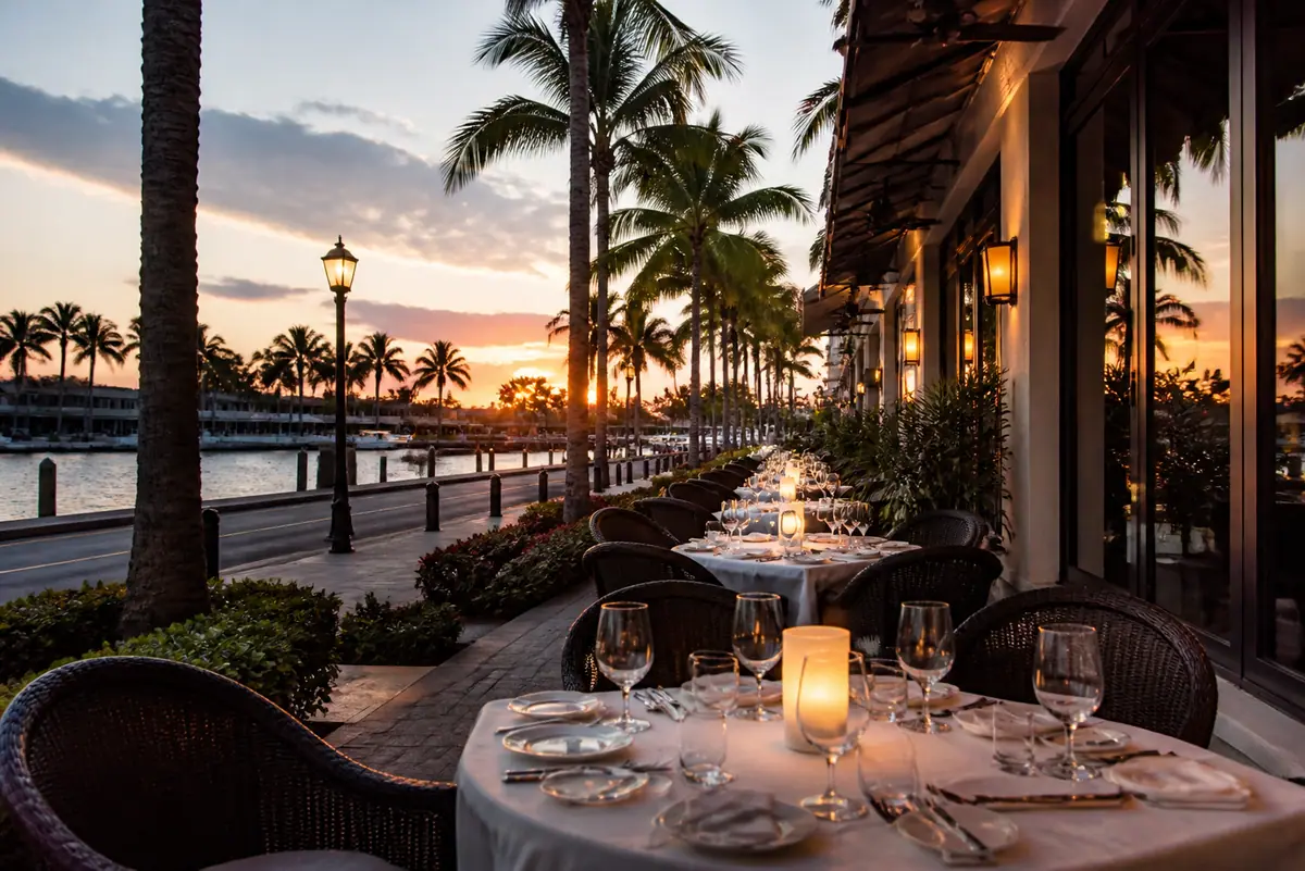 Photoreal travel-editorial view of Sails Restaurant in Naples, Florida