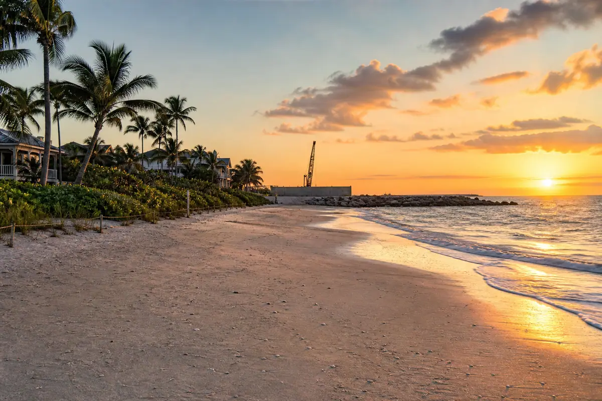 Photoreal travel-editorial view of Third Street South and Naples Pier Area in Naples, Florida