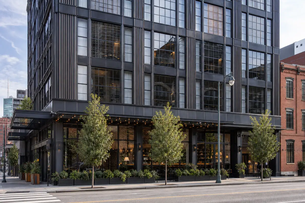 Photoreal exterior of Bobby Hotel in downtown Nashville