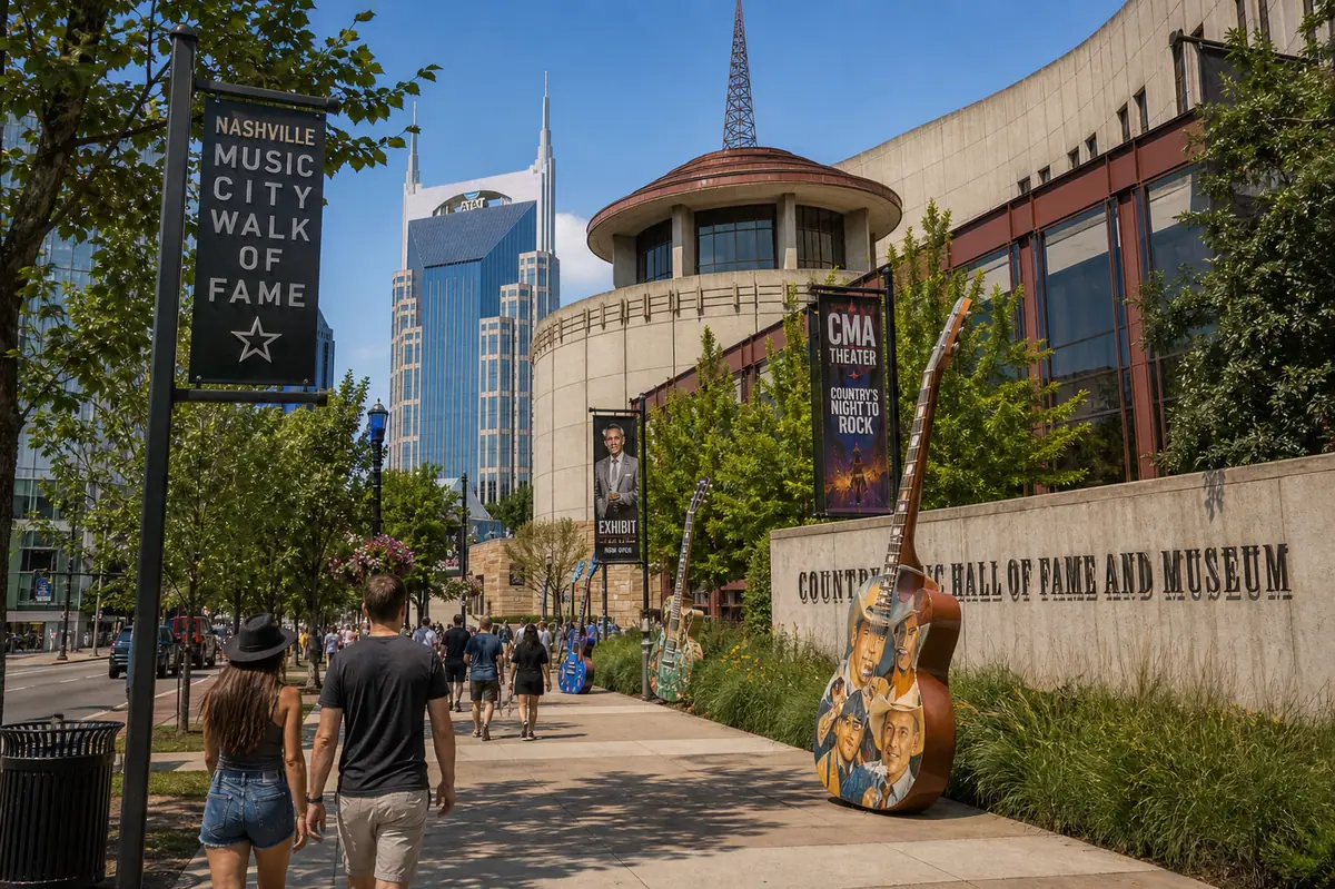 Photoreal Music Row-style Nashville streetscape with studio-district atmosphere
