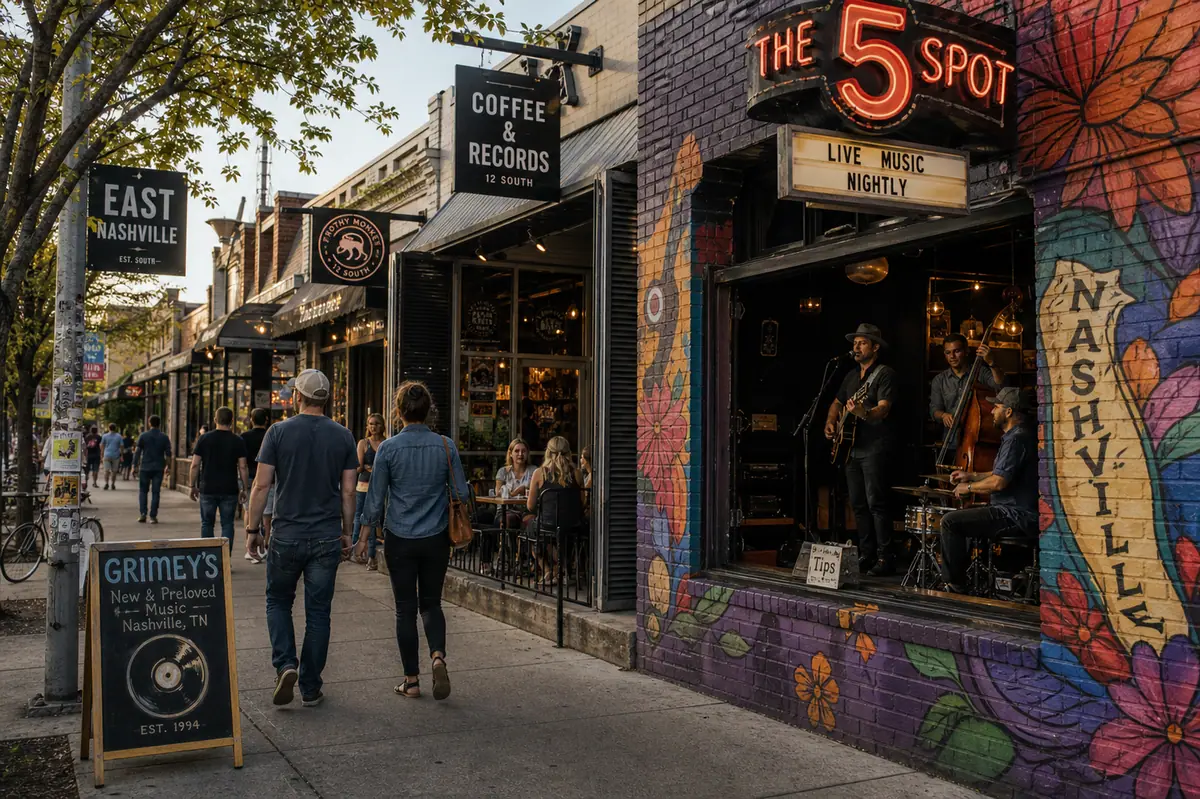 Photoreal 12 South-style neighborhood street in Nashville with cafes and storefronts