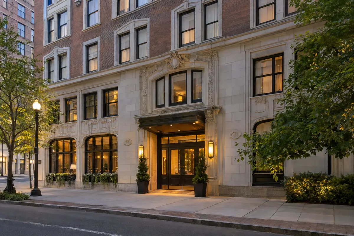 Photoreal travel-editorial view of The Blake Hotel in New Haven, Connecticut