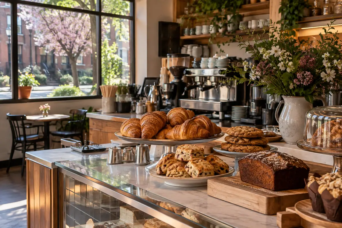 Photoreal travel-editorial view of Poppy's Coffee and Kitchen in New Haven, Connecticut