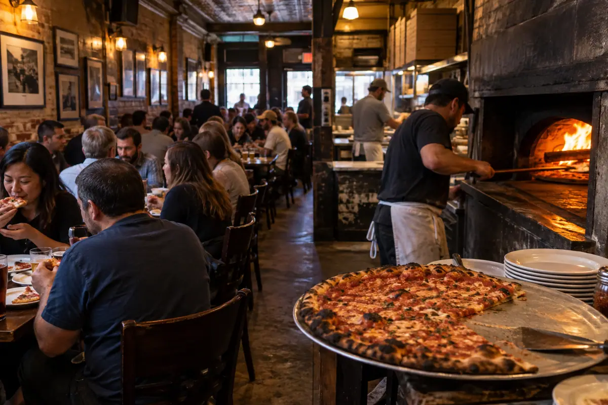 Photoreal travel-editorial view of Sally's Apizza in New Haven, Connecticut