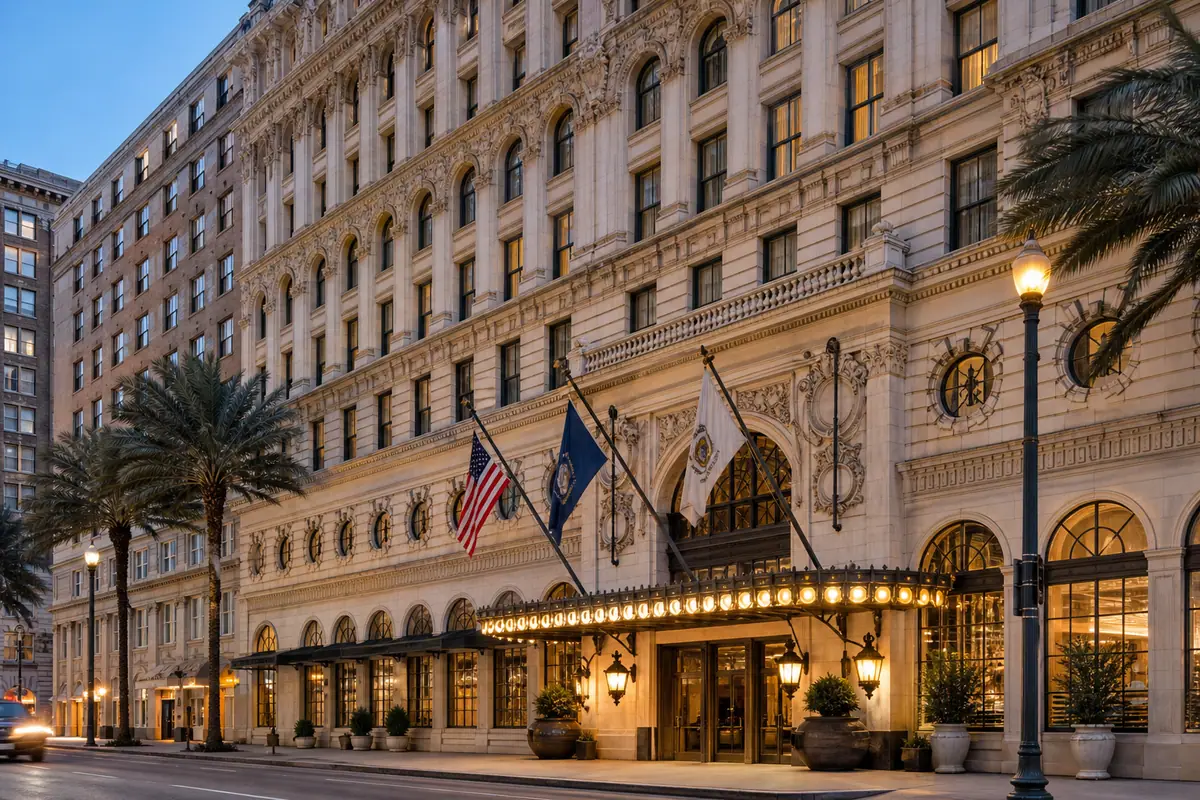 Photoreal exterior of The Roosevelt New Orleans at dusk