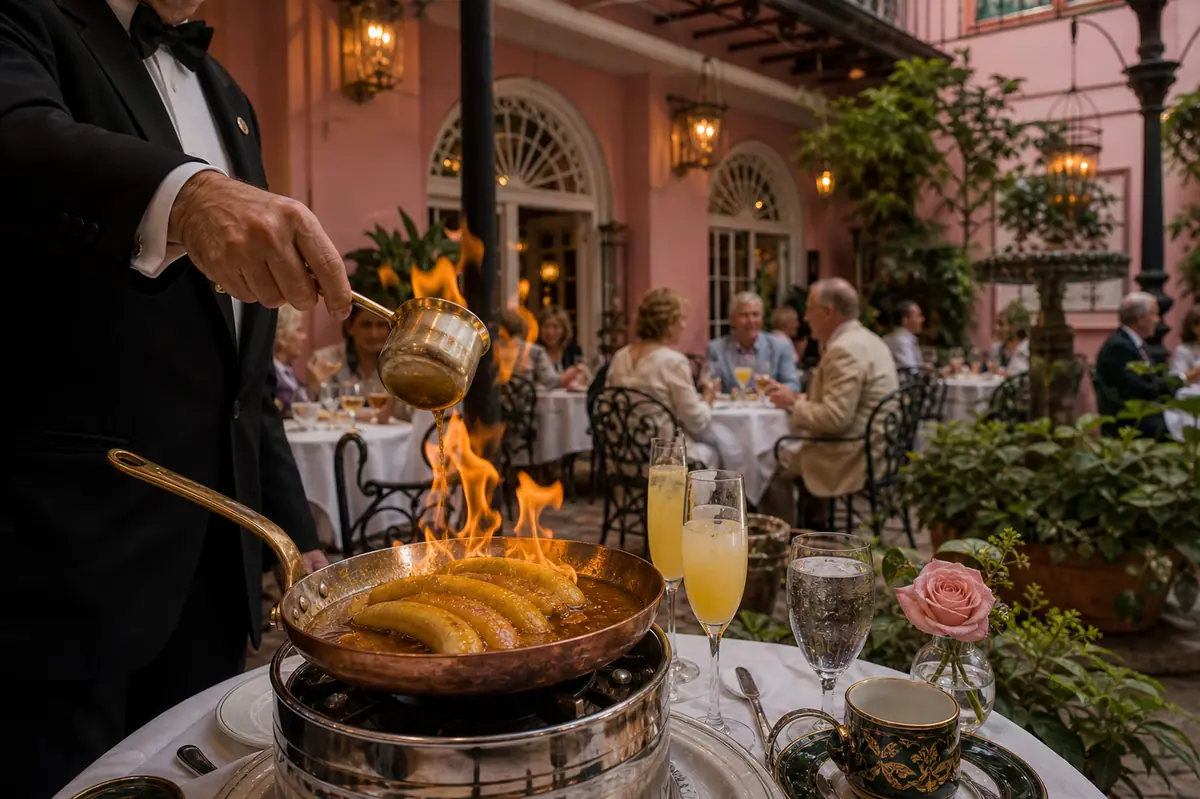 Photoreal elegant brunch and dessert scene representing Brennan's in New Orleans