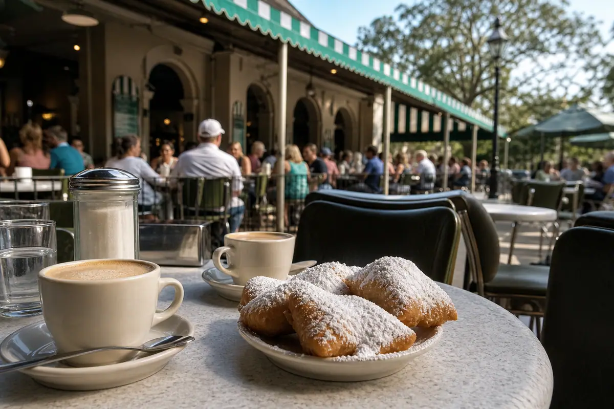Photoreal beignets and cafe au lait representing Cafe du Monde in New Orleans