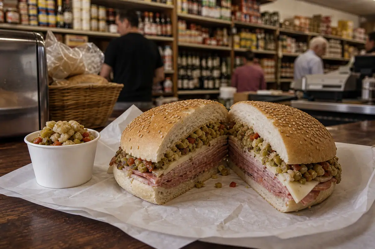 Photoreal muffuletta sandwich representing Central Grocery in New Orleans