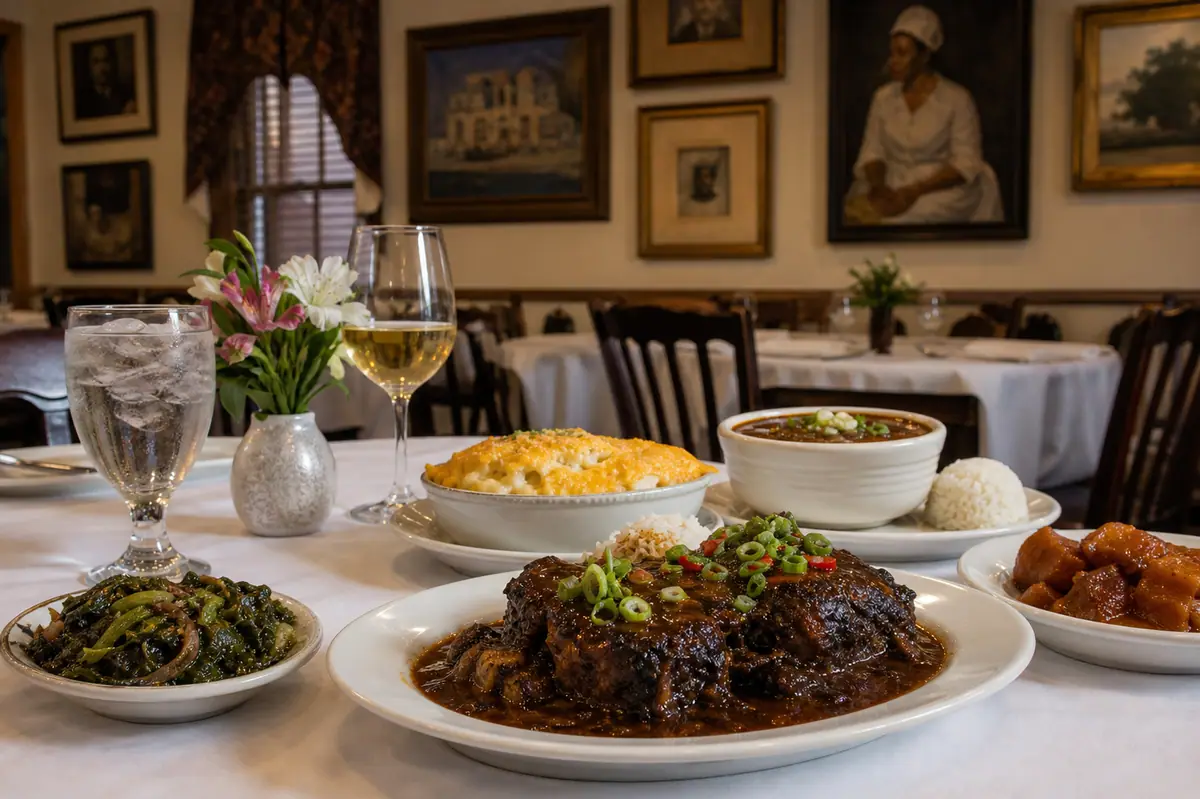 Photoreal Creole dining plate representing Dooky Chase's Restaurant in New Orleans