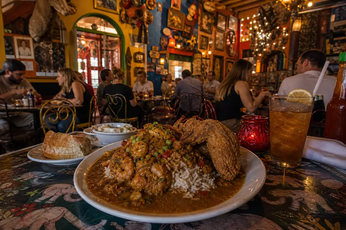 Photoreal eclectic Creole dining scene representing Jacques-Imo's Cafe in New Orleans