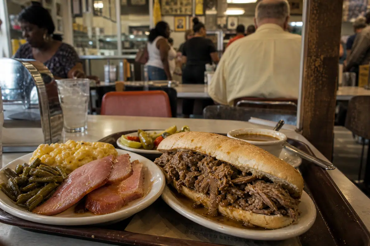 Photoreal hearty New Orleans lunch plate representing Mother's Restaurant