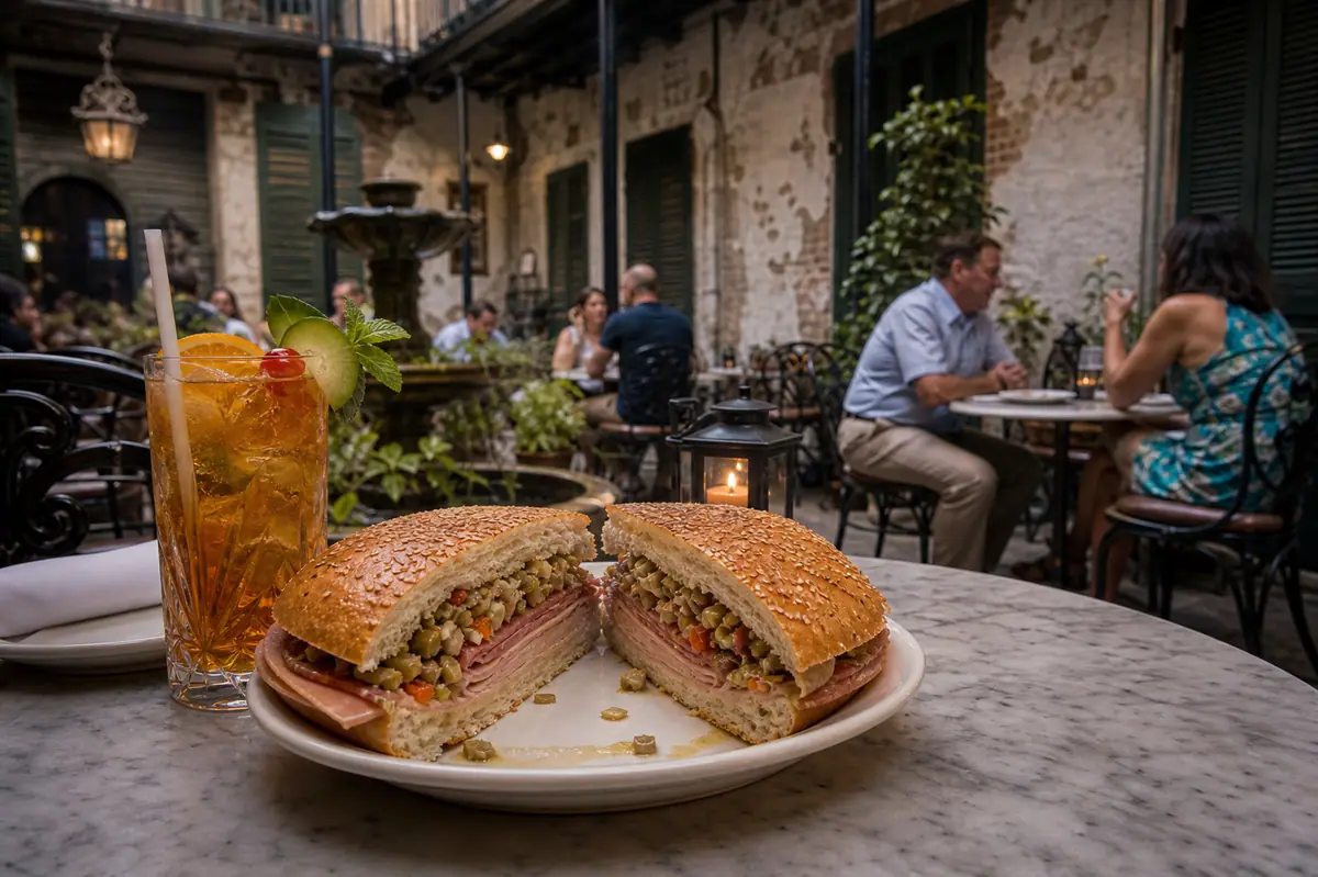 Photoreal courtyard lunch scene representing Napoleon House in New Orleans