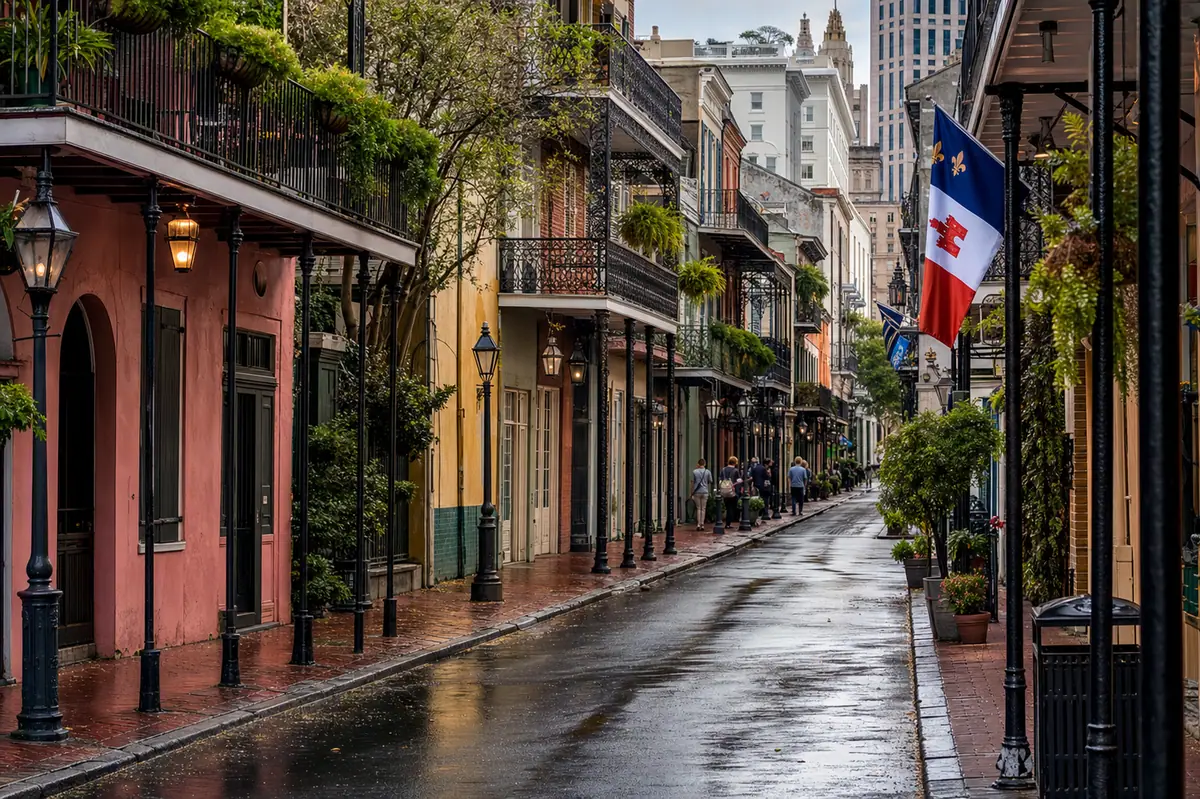 Photoreal French Quarter street scene with wrought-iron balconies in New Orleans