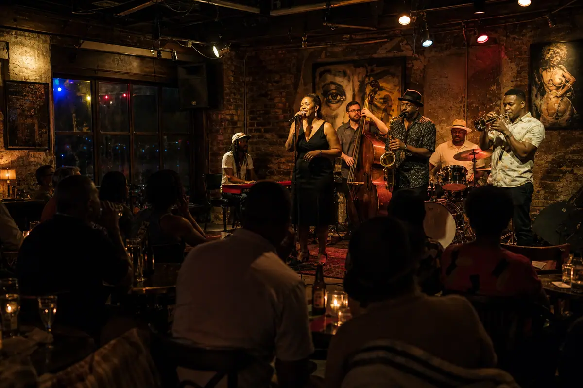 Photoreal intimate live jazz club scene representing Frenchmen Street nightlife in New Orleans