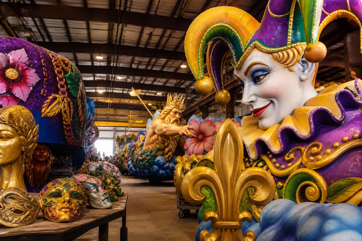 Photoreal colorful parade floats at Mardi Gras World in New Orleans