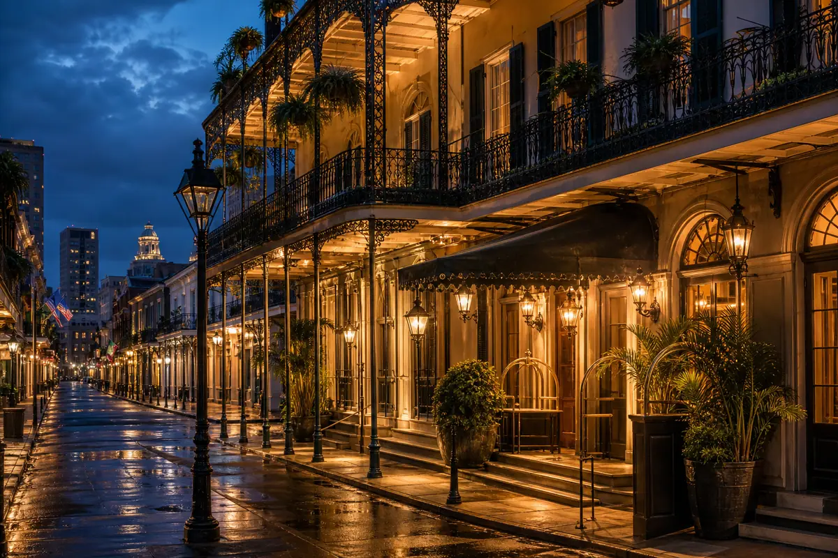 Photoreal Bourbon Street-style evening scene in the French Quarter