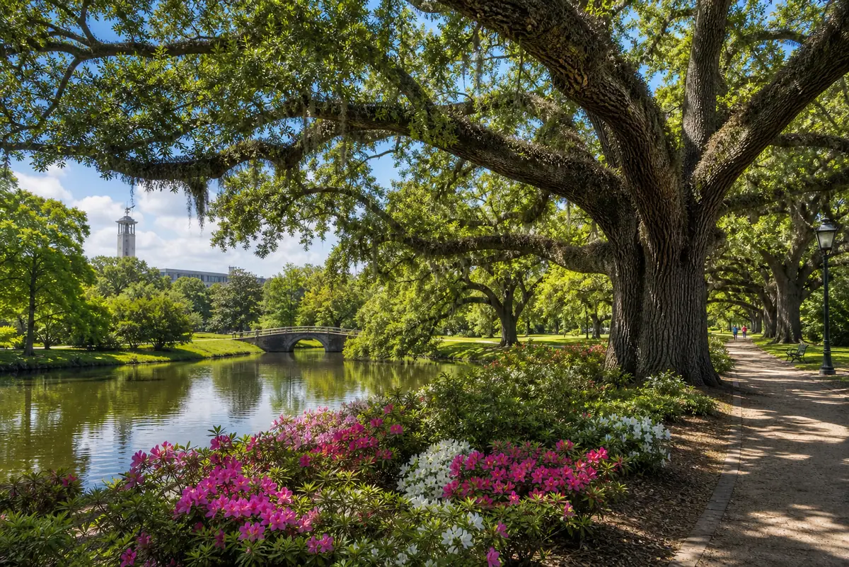 Photoreal New Orleans City Park with grand live oaks and lagoons in daylight