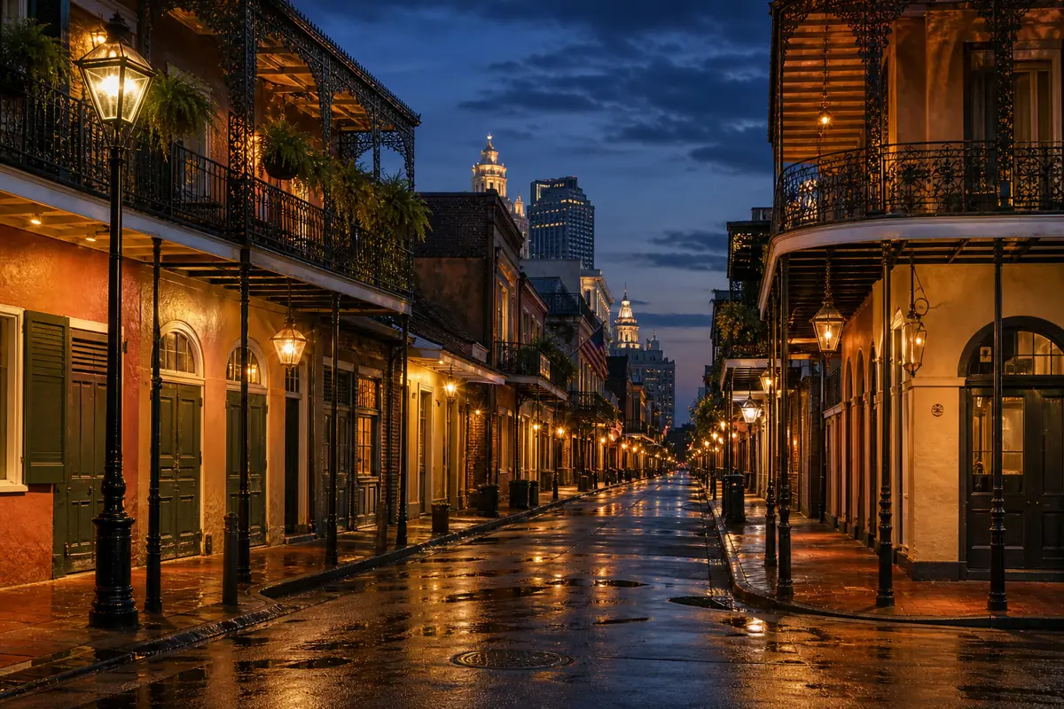 Photoreal moody Royal Street-style evening scene in the French Quarter