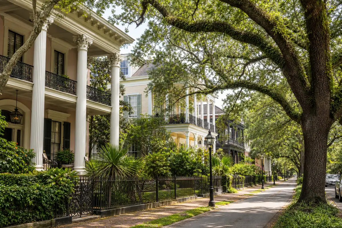 Photoreal oak-shaded Garden District avenue with historic mansions in New Orleans