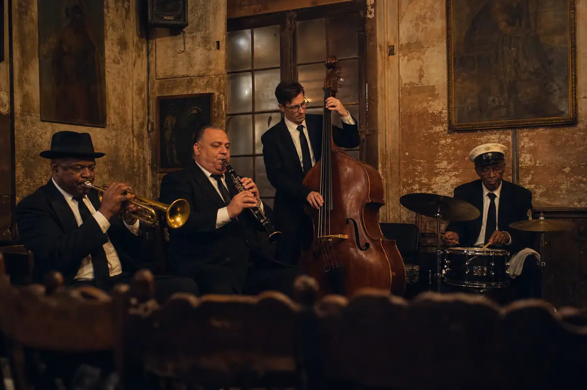 Photoreal intimate Preservation Hall jazz performance in a historic New Orleans venue