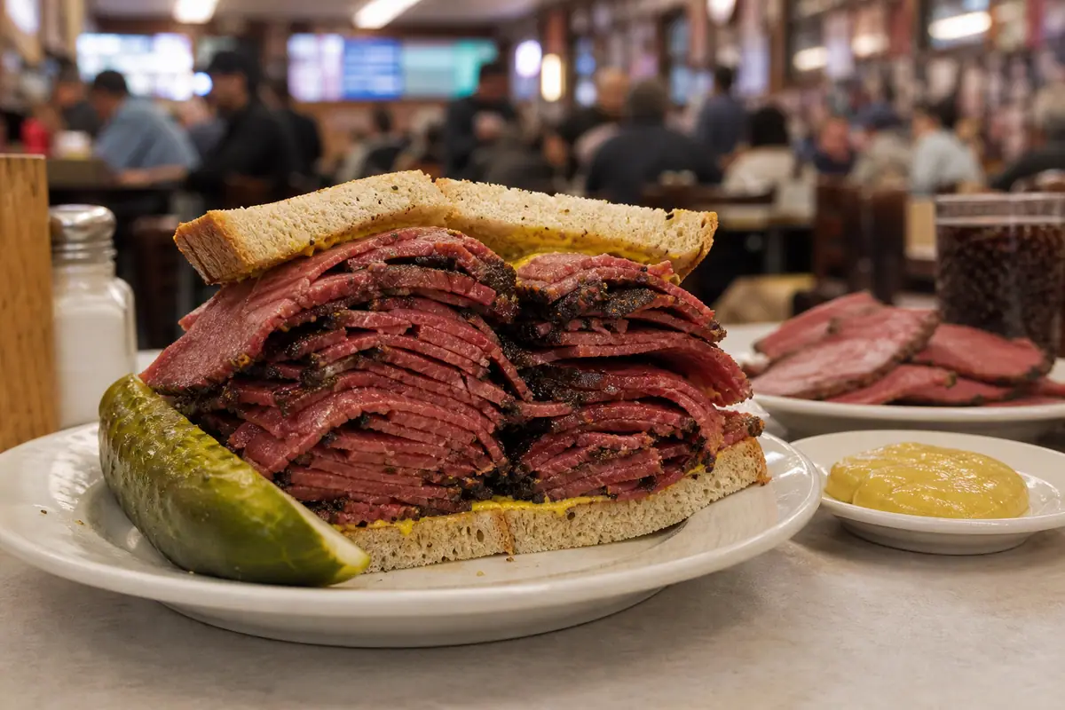 Photoreal pastrami sandwich table at Katz's Delicatessen in New York City