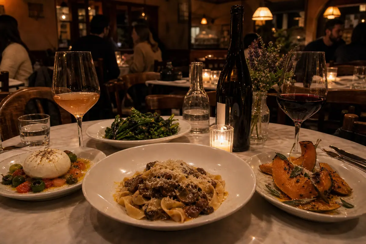 Photoreal pasta and wine table at Via Carota in New York City