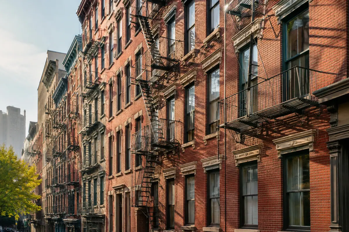 Photoreal historic brick facade of the Lower East Side Tenement Museum