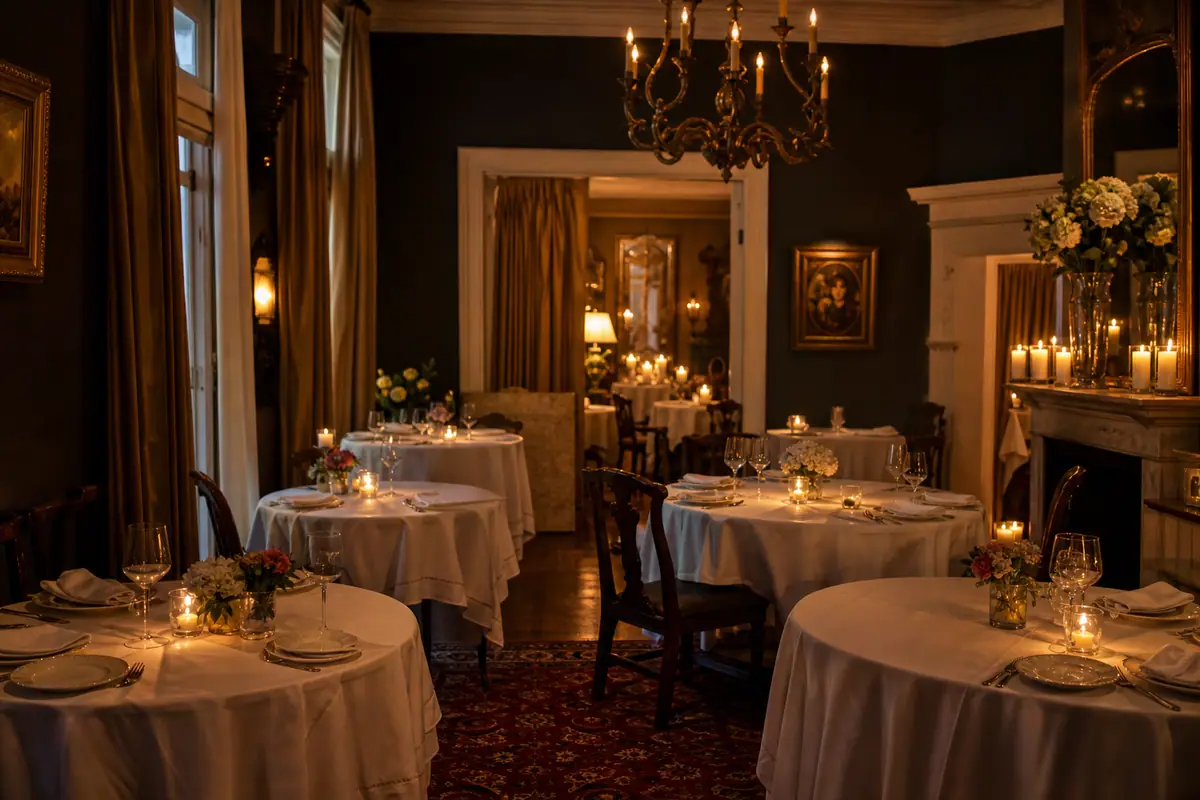 Photoreal travel-editorial view of Bouchard Restaurant & Inn in Newport, Rhode Island