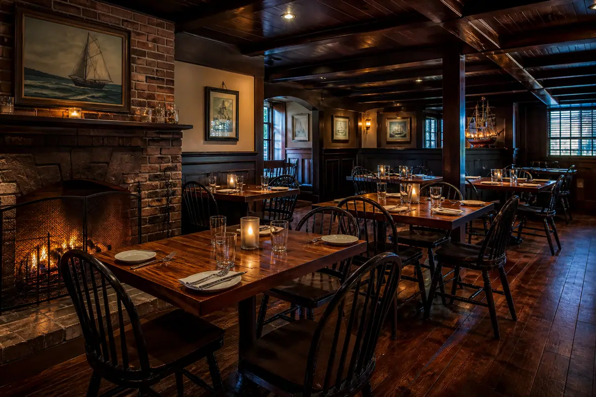 Photoreal travel-editorial view of Brick Alley Pub in Newport, Rhode Island