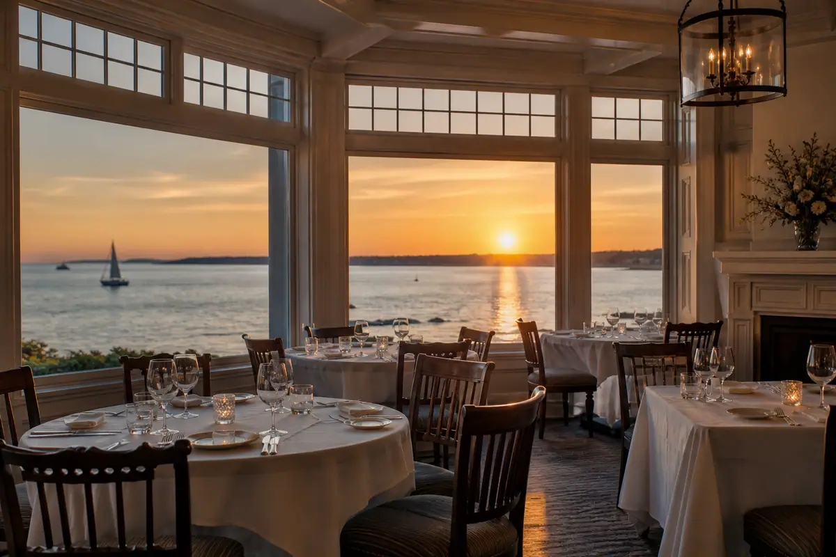 Photoreal travel-editorial view of Castle Hill Inn Dining Room in Newport, Rhode Island