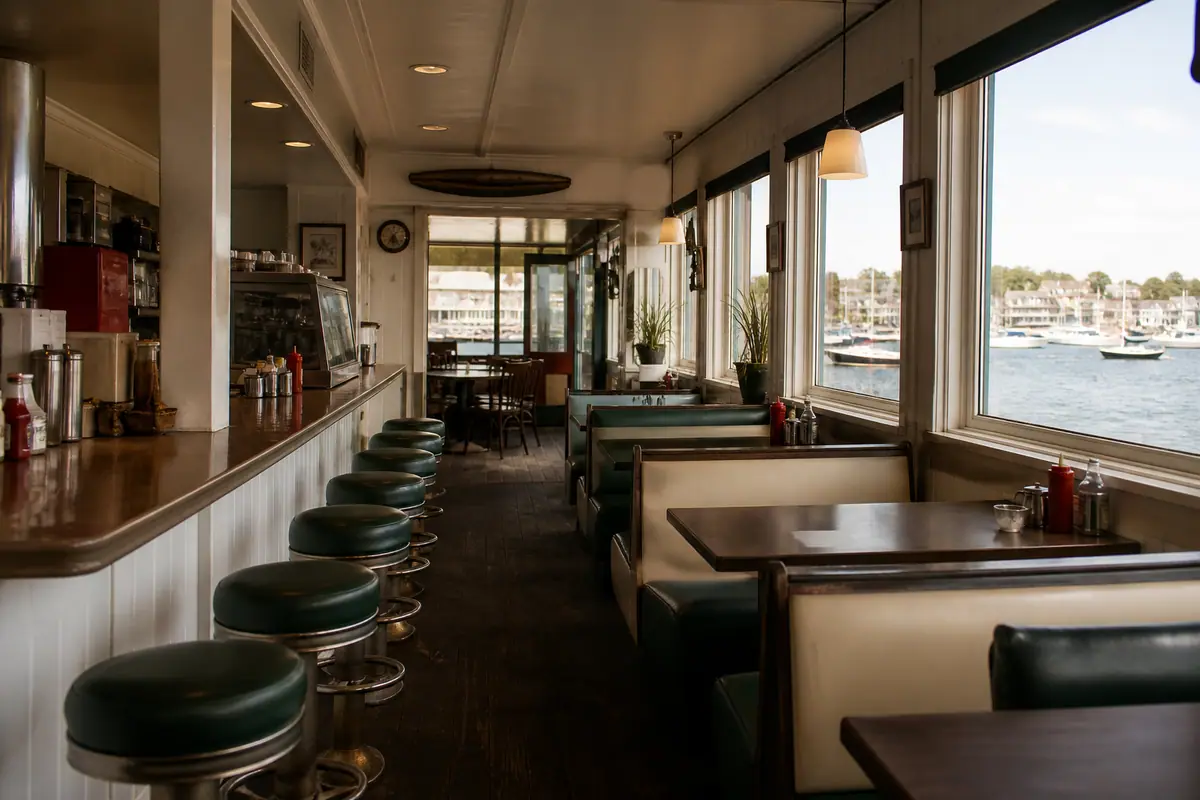 Photoreal travel-editorial view of Corner Cafe in Newport, Rhode Island