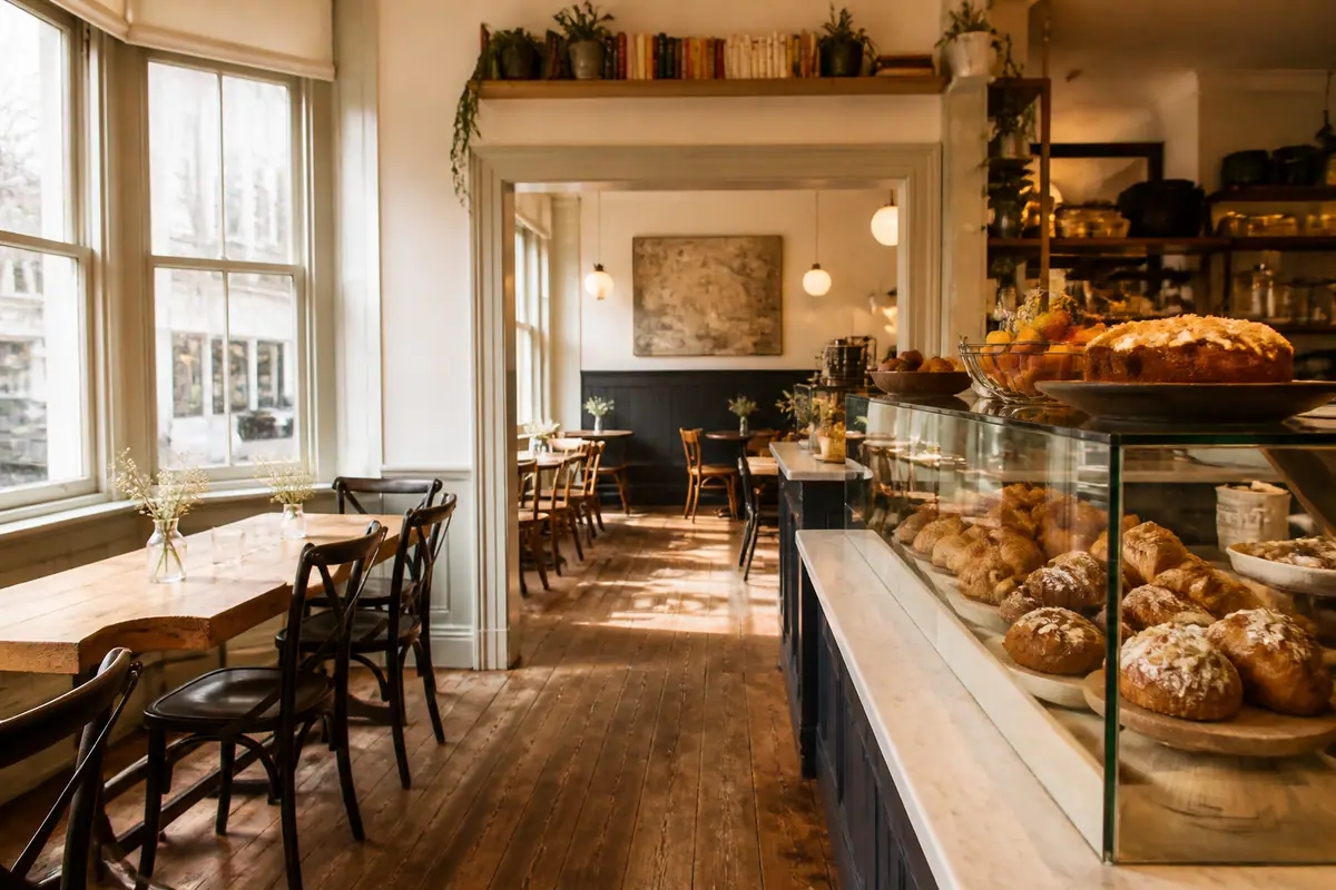 Photoreal travel-editorial view of Cru Cafe in Newport, Rhode Island